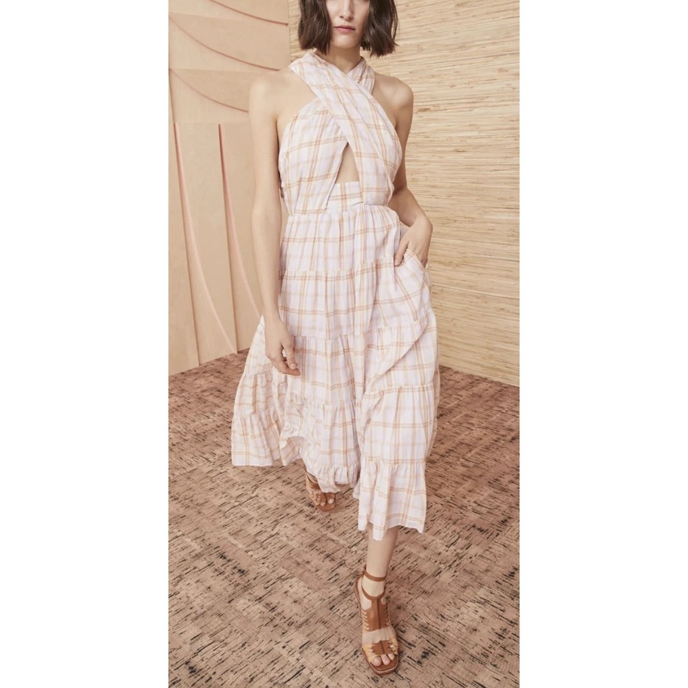*Flaw Ulla Johnson Noelle Wrap Dress Plaid Midi Fit Flare Criss Cross Tie Size 4 - Picture 16 of 16